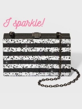 Black & Silver Acrylic Box Purse Lucite Glitter Minaudière Striped Clutch